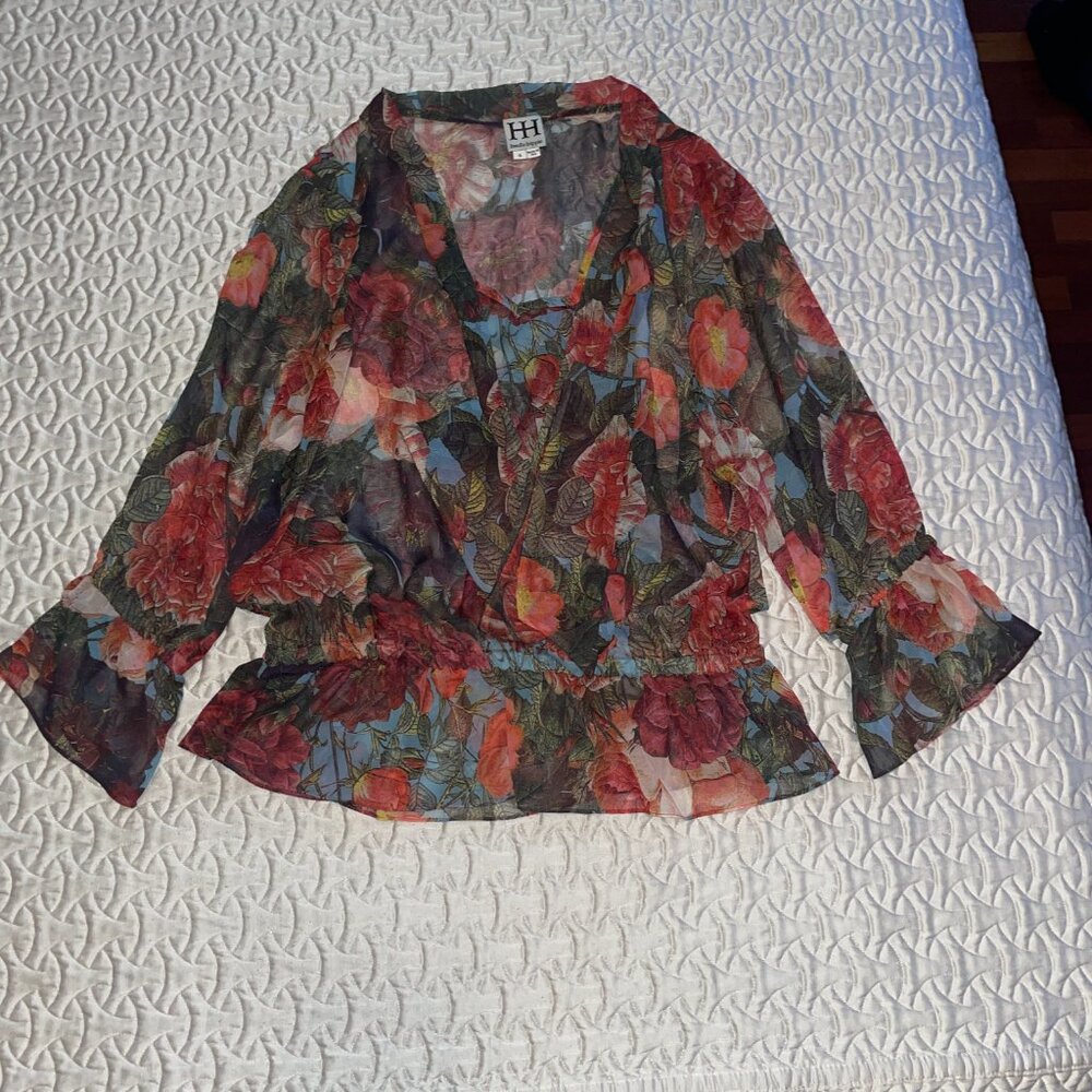 Haute Hippie Floral Sheer Blouse in Red and Green - Picture 7 of 11